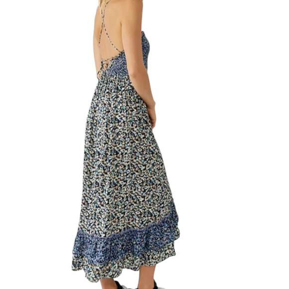 Free People One I Love Dress Denim Combo S Midi Ditsy Floral Blue Smocked Boho - Picture 2 of 10
